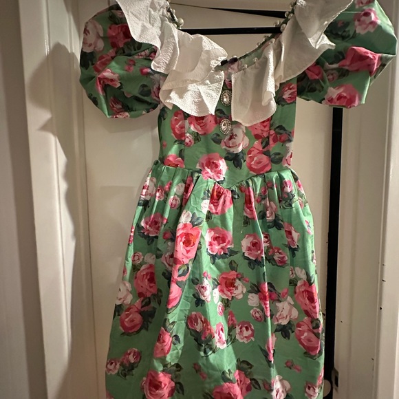 Mukzin Floral Puff Sleeve Dress with Ruffle Collar and pearls - Picture 8 of 8